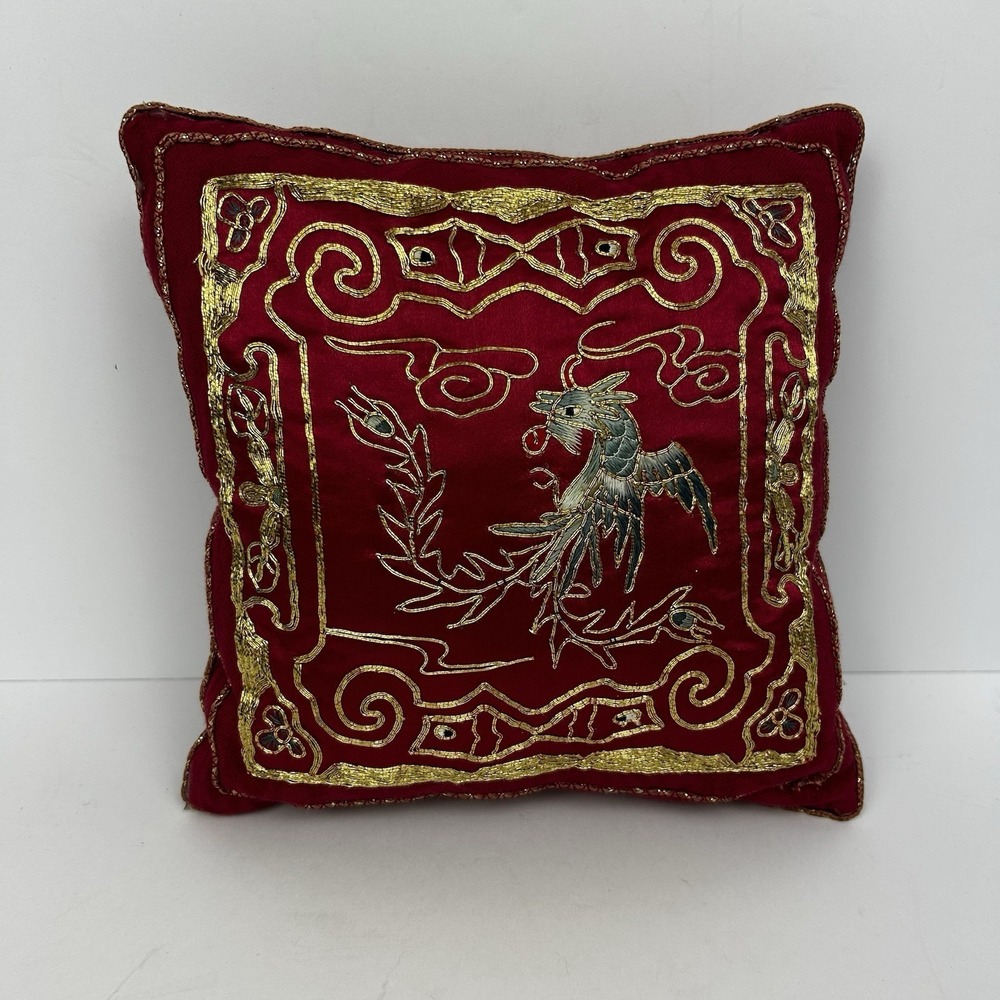 Vintage Red Silk Embroidered Chinese Phoenix Decorative Pillow Gold Thread Asian